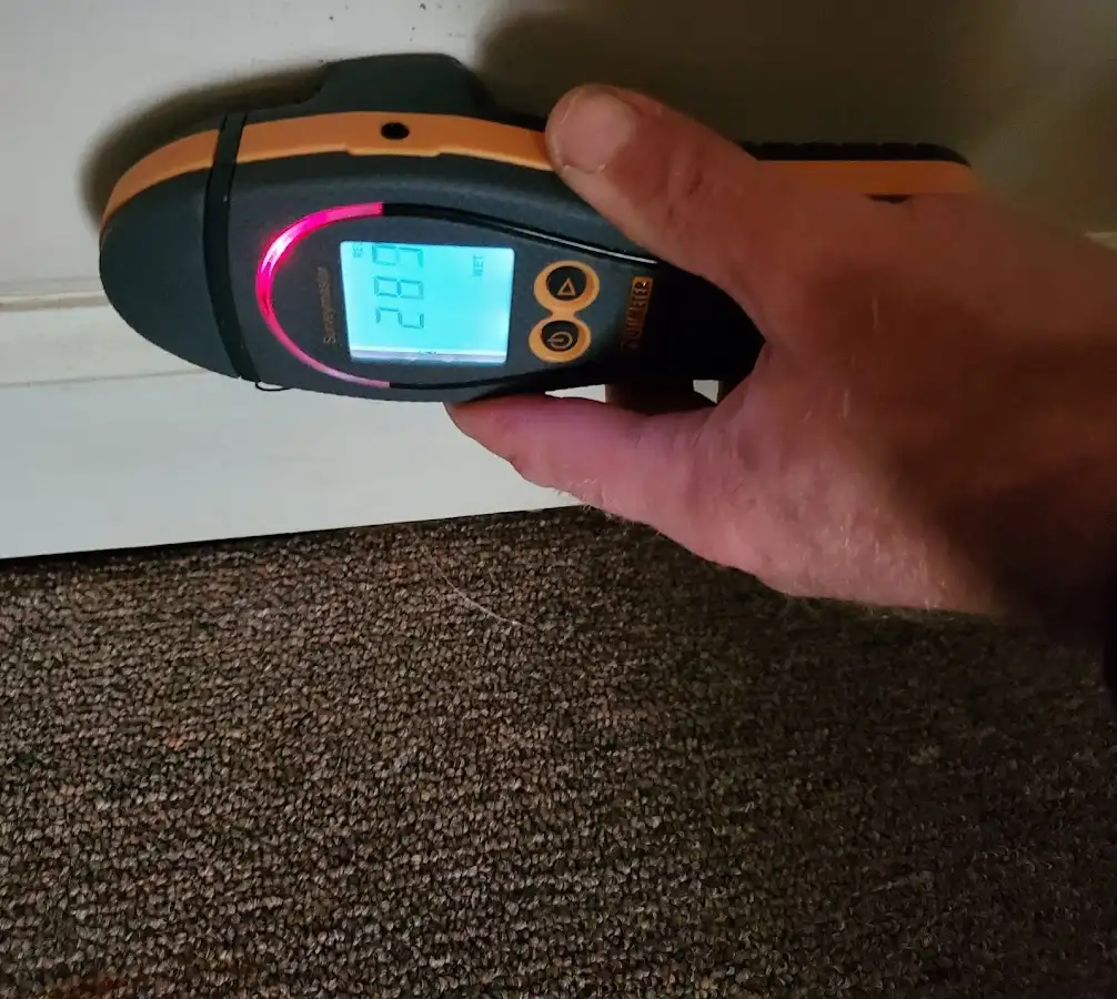 Moisture detection at baseboard during Storm Damage Restoration in Lewisville